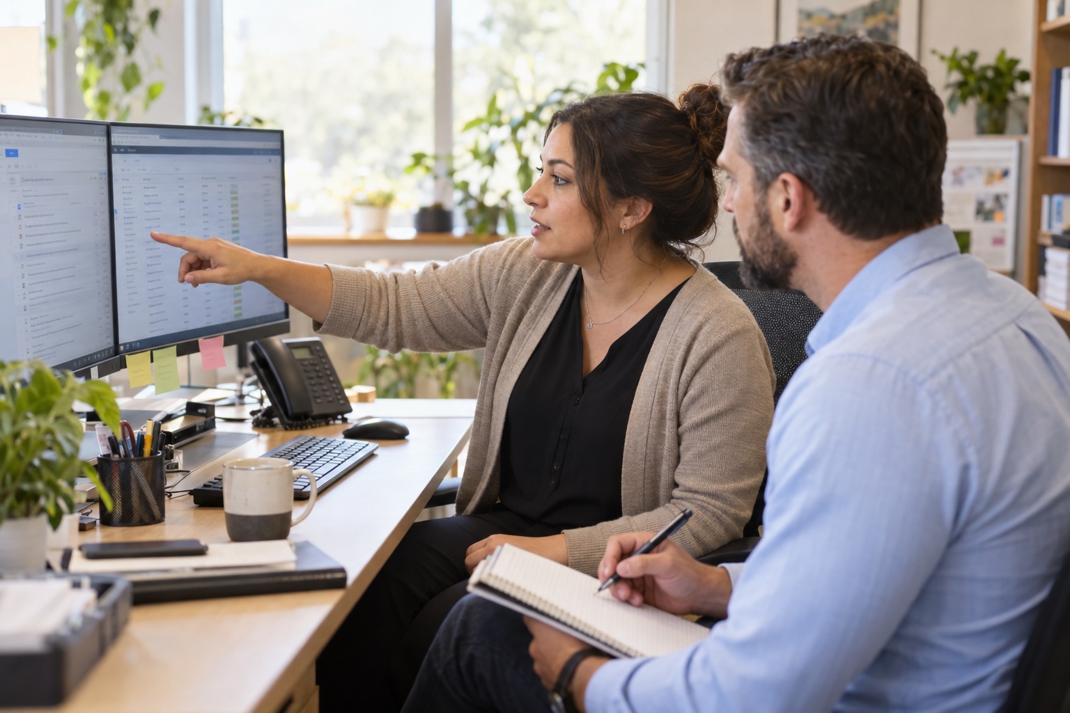 A coordinator walking a Lumiwealth coach through her day at her desk