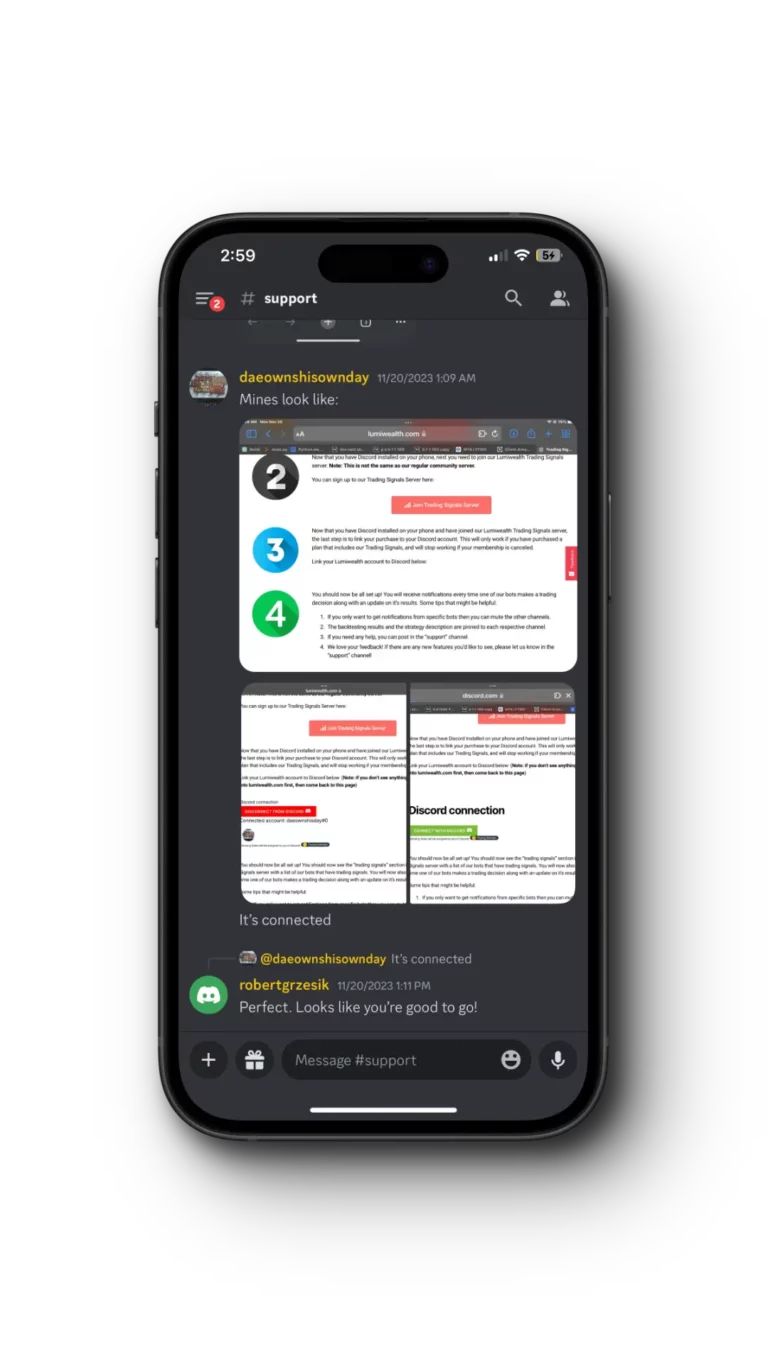 Mobile screen showing Discord support channel with user messages and images discussing trading signals setup and connectivity.