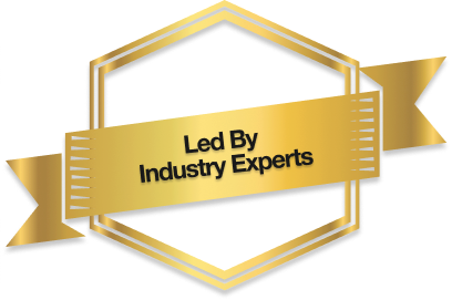 Golden badge with text "Led By Industry Experts" on a blue background.