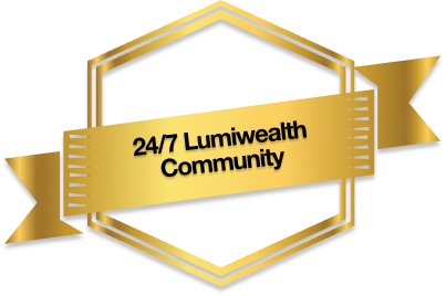 Golden badge with text "24/7 Lumiwealth Community" on a blue background.