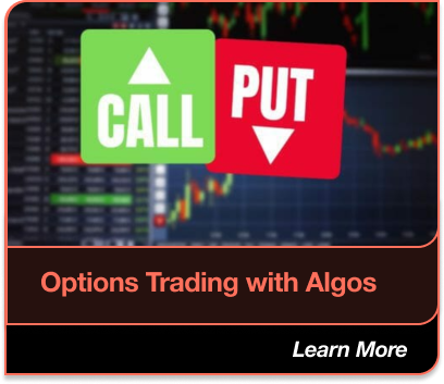 Options Trading with Algos: Icons for call and put options over a background of trading charts. Learn More.