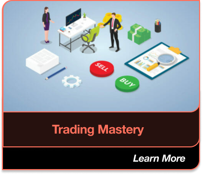 Trading Mastery: Illustrated scene with office desk, trading chart, and buy and sell buttons. Learn More.