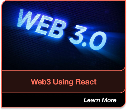 Web3 Using React: Neon text displaying "WEB 3.0". Learn More.