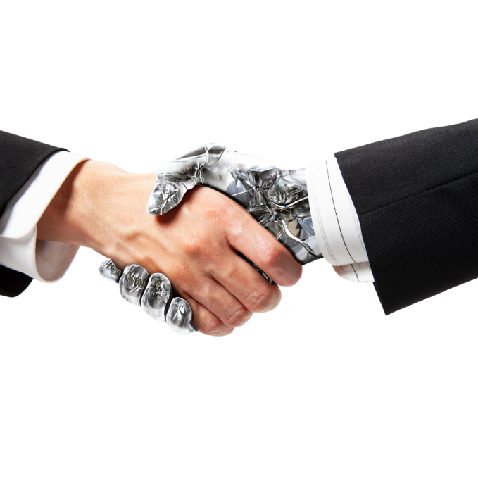 Human hand shaking a robotic hand, symbolizing collaboration between human expertise and advanced technology.